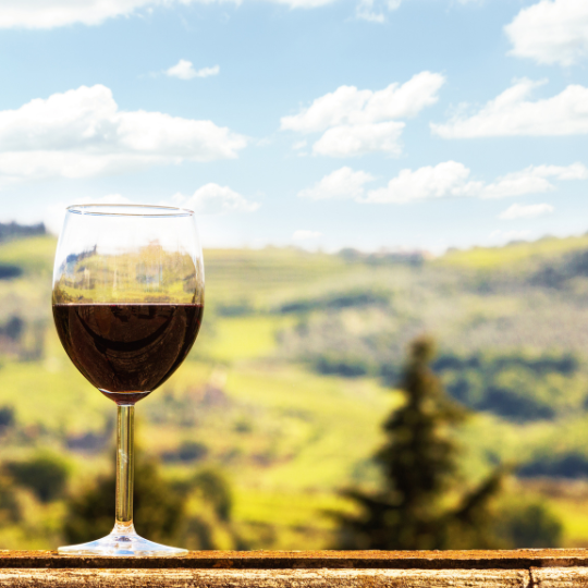 Zu jedem Italien Essen gehört auch ein leckerer Wein. Hier kannst erkennst du ein Weinglas gefüllt mit leckerem italiensichen Rotwein im Vordergrund. Im Hintergrund kann man eine typisch italienische Landschaft erkennen.